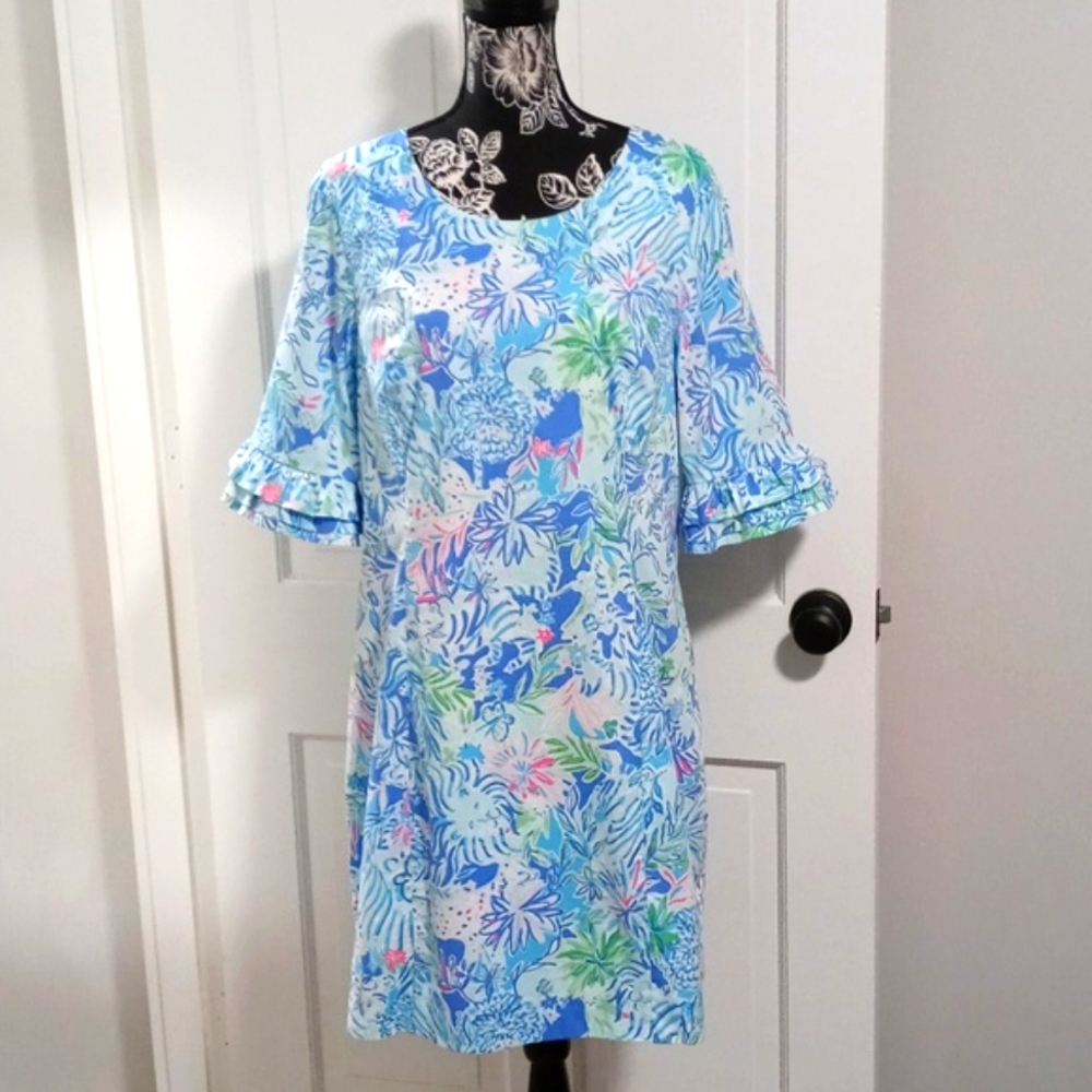 Lilly Pulitzer Sky Blue Multicolor Tropical Ruffle-Sleeve Shift Dress
